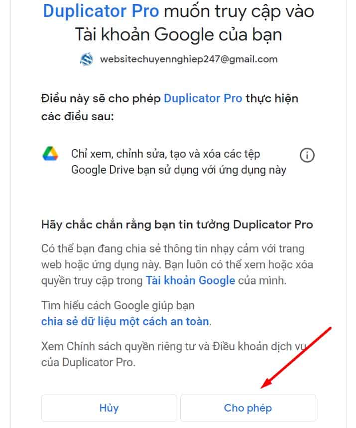 Connect to Google Drive với Duplicator Pro