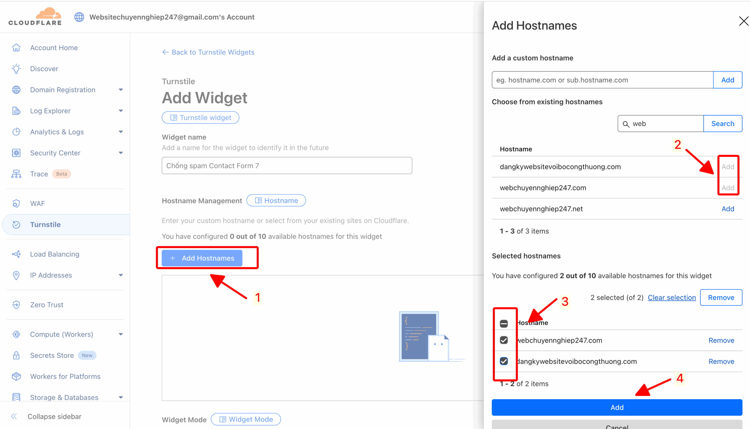 Add Hostnames trong Turnstile