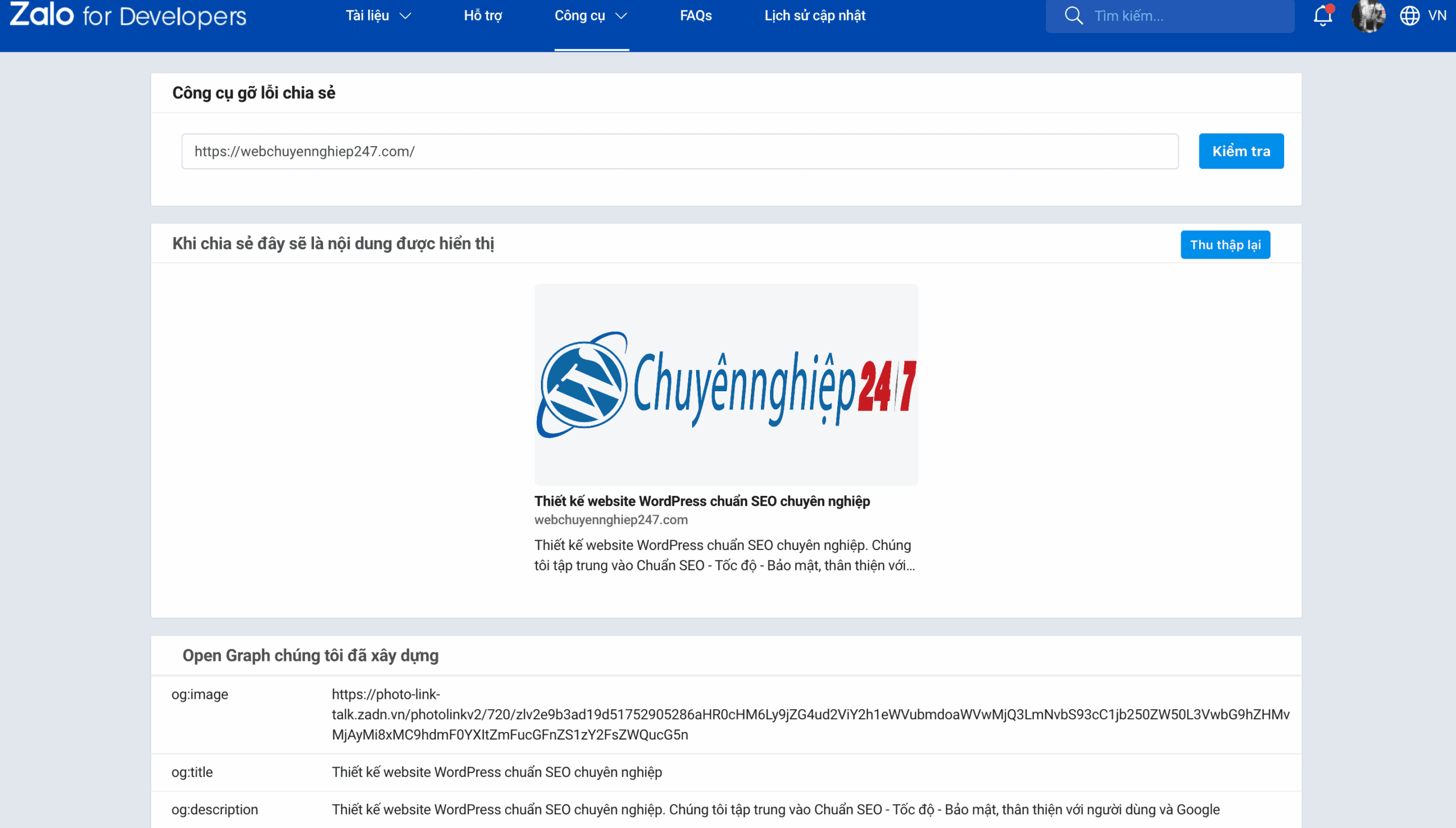 Cập nhật thumbnail và nội dung khi chia sẻ link website lên Zalo