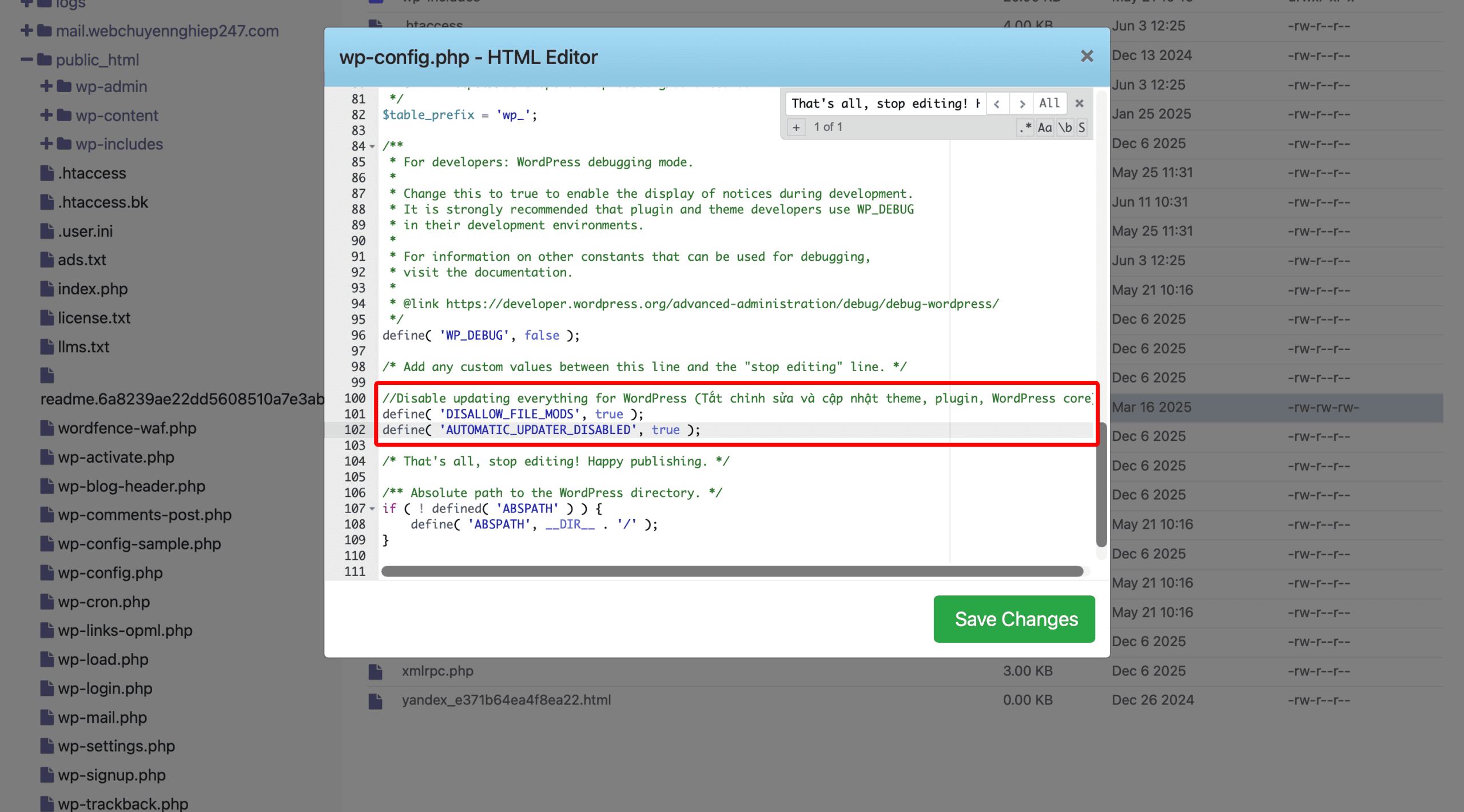 Code tắt chỉnh sửa và cập nhật theme, plugin, WordPress core