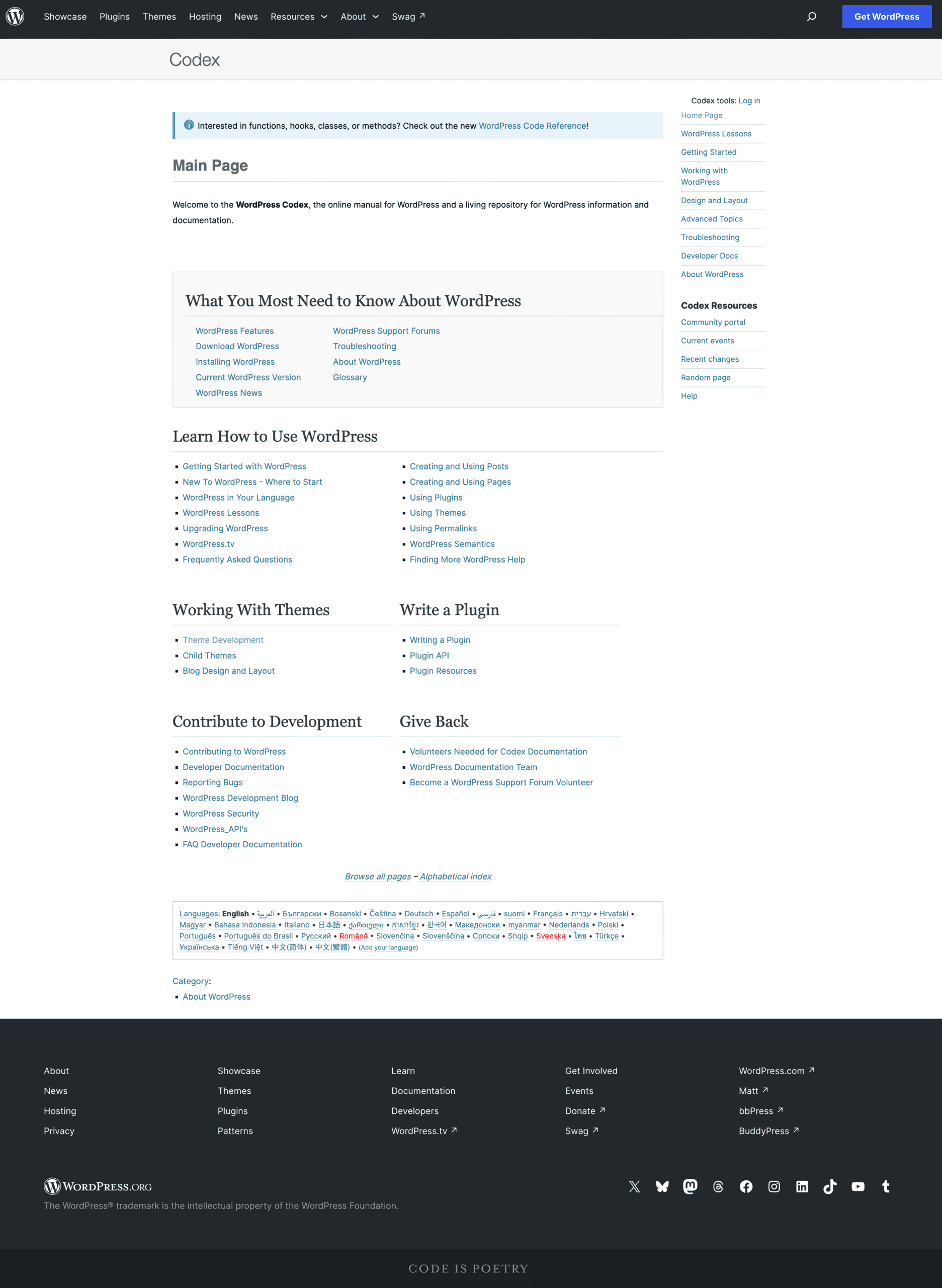 Giao diện thực tế trang chủ WordPress Codex hiện tại