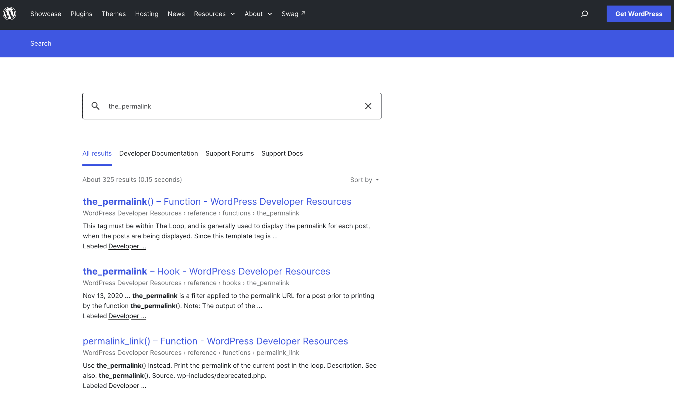 Tìm kiếm code trên ô Search của WordPress Codex