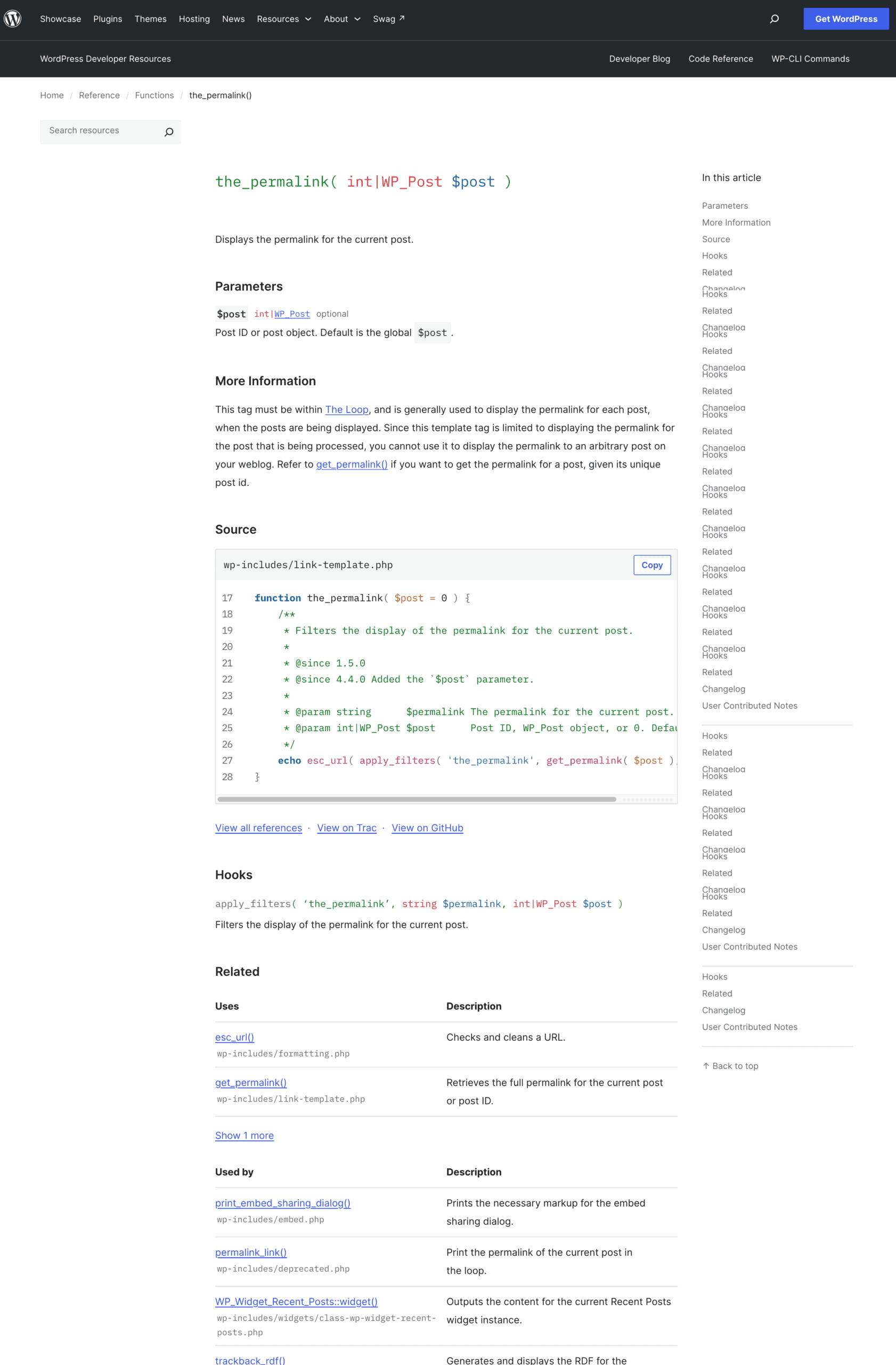 Một trang giải thích code chi tiết trong WordPress Codex